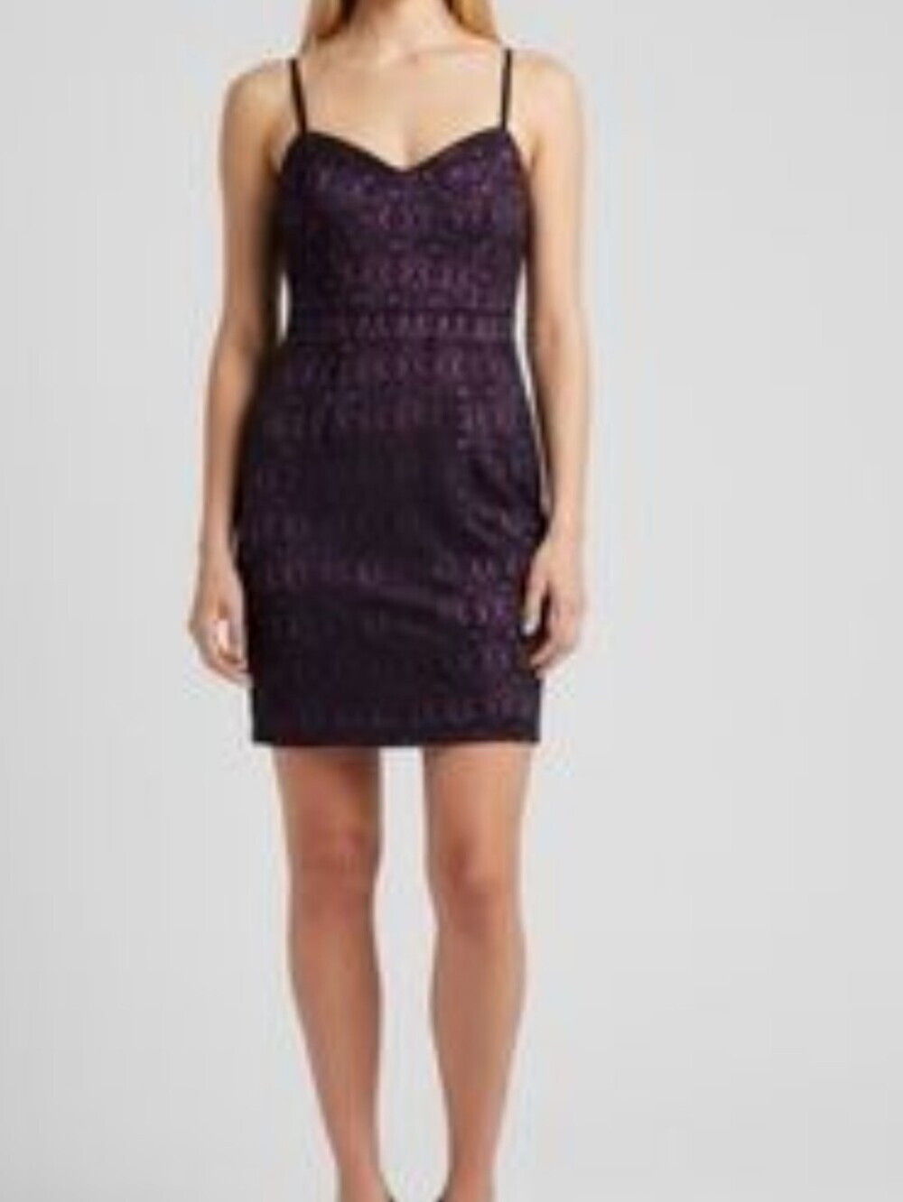 FV21 Black Lace Over Purple Satin Spaghetti Strap Bodycon Cocktail Slip Dress